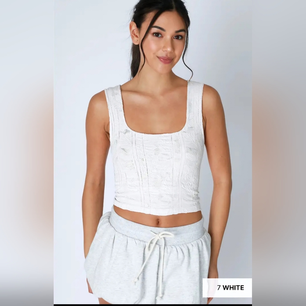 #1387 Nikibiki Double Layered Floral Textured Square Neck Crop Tank-White